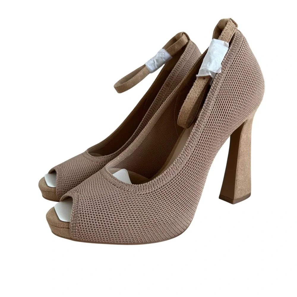 NEW Cosy Island PowerWalk Woven Peep Toe Velvet Heeled Pump in Cream Apricot 6.5